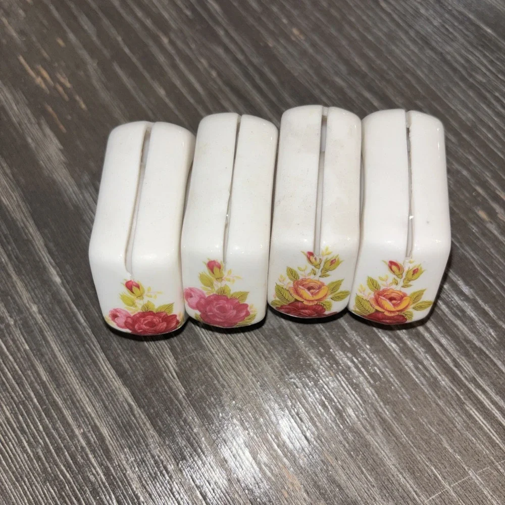 Set of‎ 4 Bone China Napkin Rings Name Card Holders White Floral Pink Roses